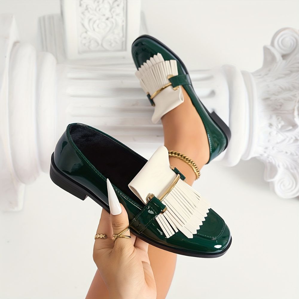 Women's square-toe color-block loafers with tassels