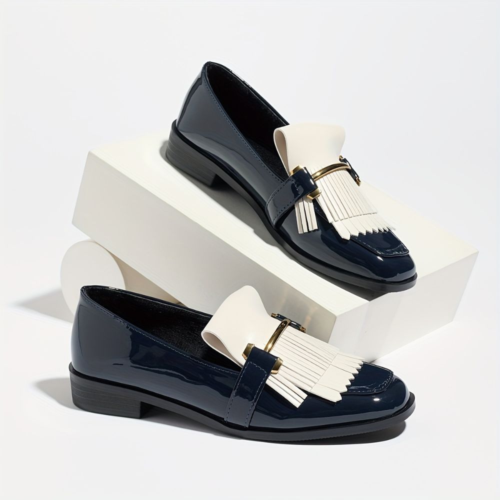 Women's square-toe color-block loafers with tassels