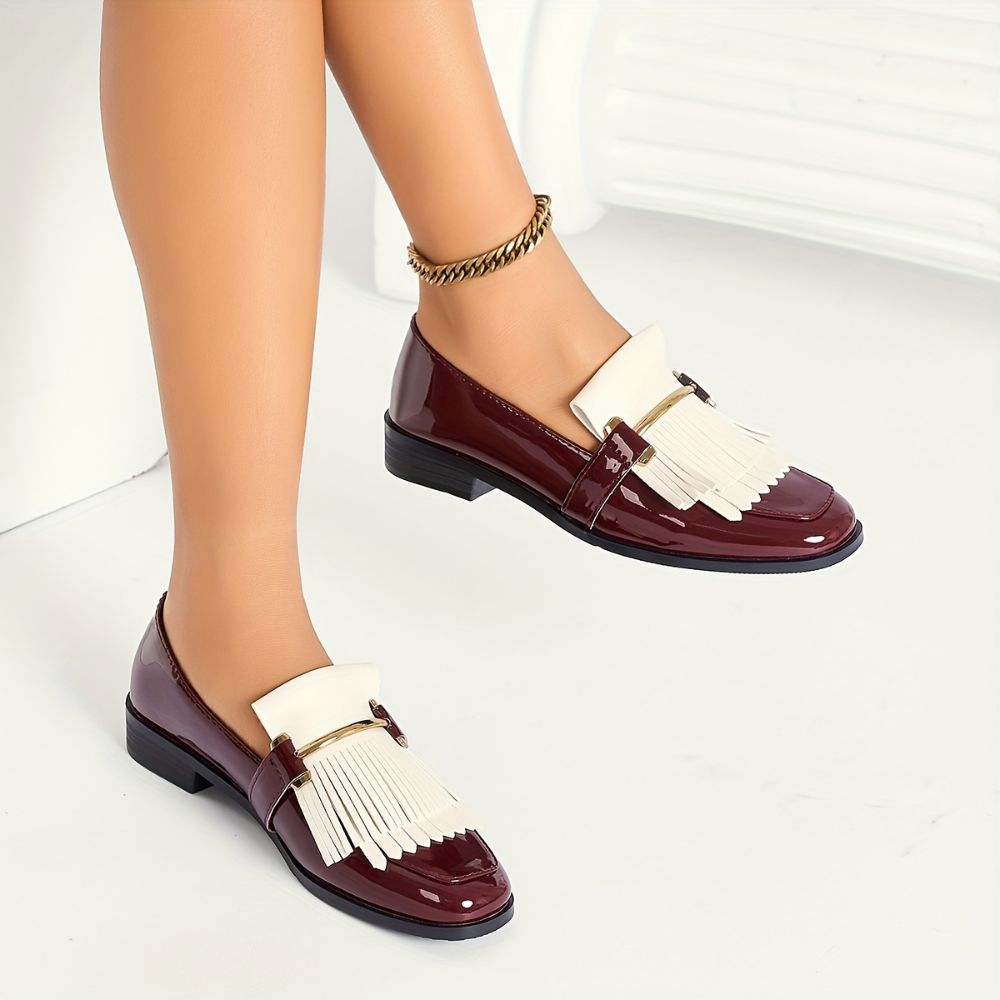 Women's square-toe color-block loafers with tassels