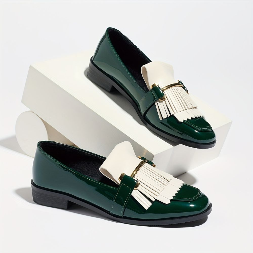 Women's square-toe color-block loafers with tassels